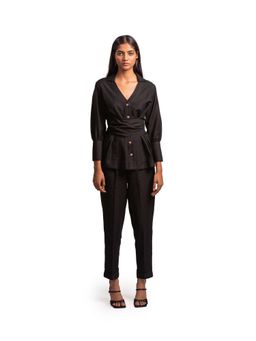 THISISDEHI - Black Linen Blend Collar Neck Plain Shirt and Pant