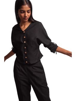 THISISDEHI - Women Black Linen Blend Plain V-Neck Top