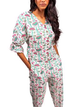 THISISDEHI - Women White Linen Blend Floral V-Neck Top