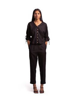 THISISDEHI - Black Linen Blend V-Neck Plain Top and Pant