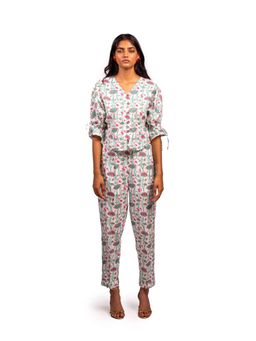 THISISDEHI - White Linen Blend V-Neck Floral Top and Pant
