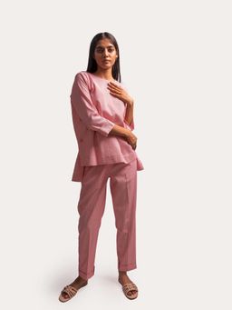 THISISDEHI - Pink Linen Blend Round Neck Stripes Top and Pant