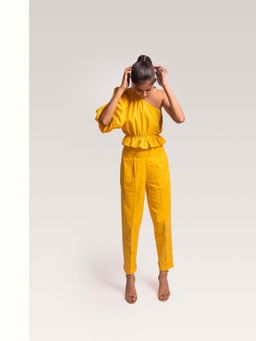THISISDEHI - Yellow Cotton One Shoulder Plain Top and Pant