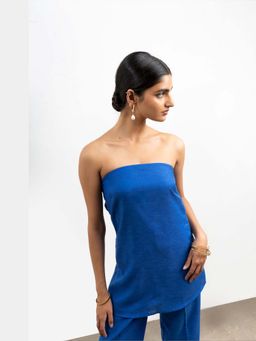 THISISDEHI - Women Blue Linen Blend Plain Strapless Crop Top