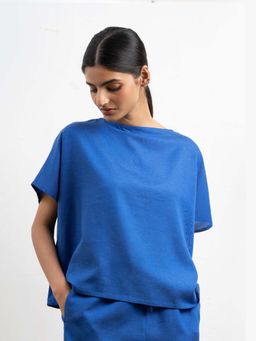 THISISDEHI - Women Blue Linen Blend Plain Round Neck Top