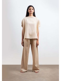 THISISDEHI - Beige Linen Blend Round Neck Plain Top and Pant