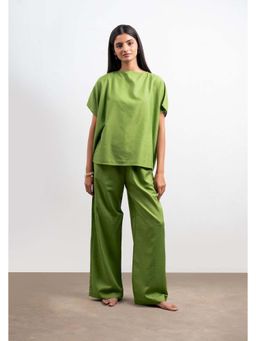 THISISDEHI - Green Linen Blend Round Neck Plain Top and Pant
