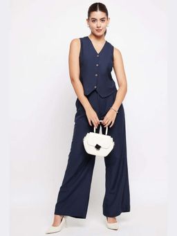 THISISDEHI - Navy Blue Linen Blend V-Neck Plain Waistcoat and Pant