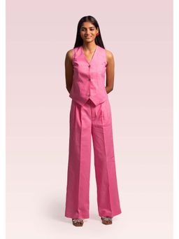 THISISDEHI - Pink Linen Blend V-Neck Plain Waistcoat and Pant