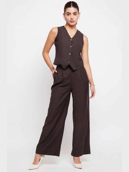 THISISDEHI - Brown Linen Blend V-Neck Plain Waistcoat and Pant