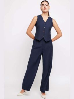 THISISDEHI - Navy Blue Linen Blend V-Neck Plain Waistcoat and Pant