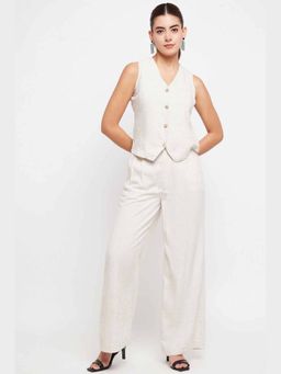 THISISDEHI - Off White Linen Blend V-Neck Plain Waistcoat and Pant
