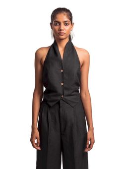 THISISDEHI - Women Black Linen Blend Plain Waistcoat