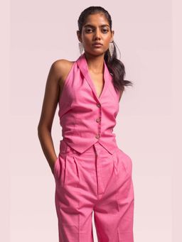 THISISDEHI - Women Pink Linen Blend Plain Waistcoat