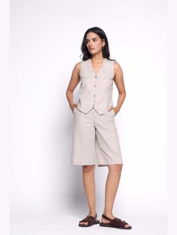THISISDEHI - Off White Pure Cotton V-Neck Plain Waistcoat and Shorts