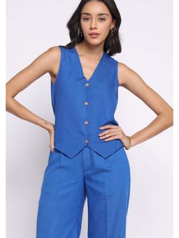 THISISDEHI - Women Blue Linen Blend Plain Waistcoat