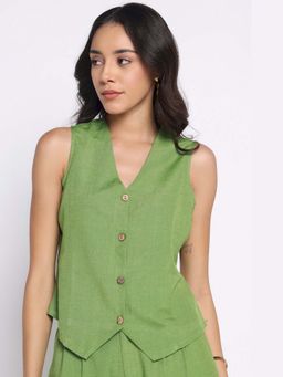 THISISDEHI - Green Linen V-Neck Plain Waistcoat