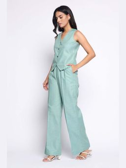 THISISDEHI - Green Pure Cotton V-Neck Plain Waistcoat and Pant