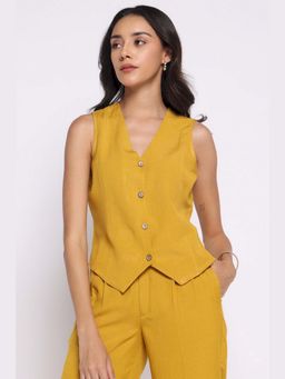 THISISDEHI - Women Mustard Linen Plain Waistcoat