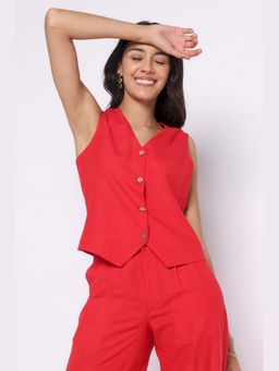 THISISDEHI - Women Red Linen Plain Waistcoat