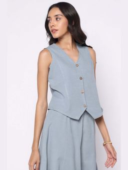 THISISDEHI - Women Blue Linen Blend Plain Waistcoat
