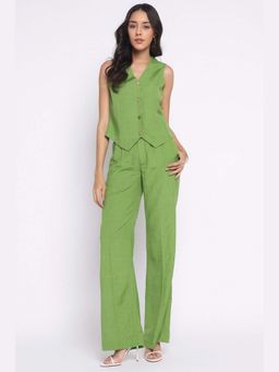 THISISDEHI - Green Linen Blend V-Neck Plain Waistcoat and Pant