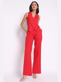 THISISDEHI - Red Linen Blend V-Neck Plain Waistcoat and Pant