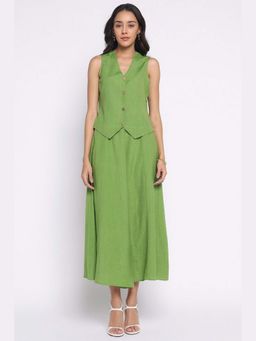 THISISDEHI - Green Linen V-Neck Plain Waistcoat and Skirt