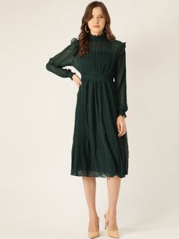 ANVI Be Yourself - Women Teal Green Solid Semi-sheer Accordian Pleated A-line Dress