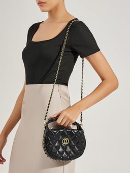 Styli - Women's Black Pu Diamond Pattern Mini Sling Bag