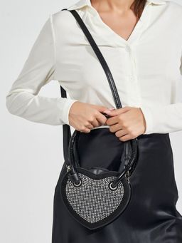 Styli - Women Black Embellished Heart Shape Handheld Bag