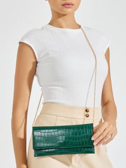 Styli - Women Green Textured Flap Sling Bag