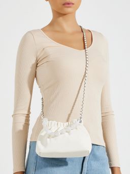 Styli - Women Cream Beaded Drawstring Sling Bag