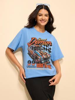 Difference of Opinion - Blue Cotton Half Sleeves Oversized Fit Round Neck Printed T-shirt