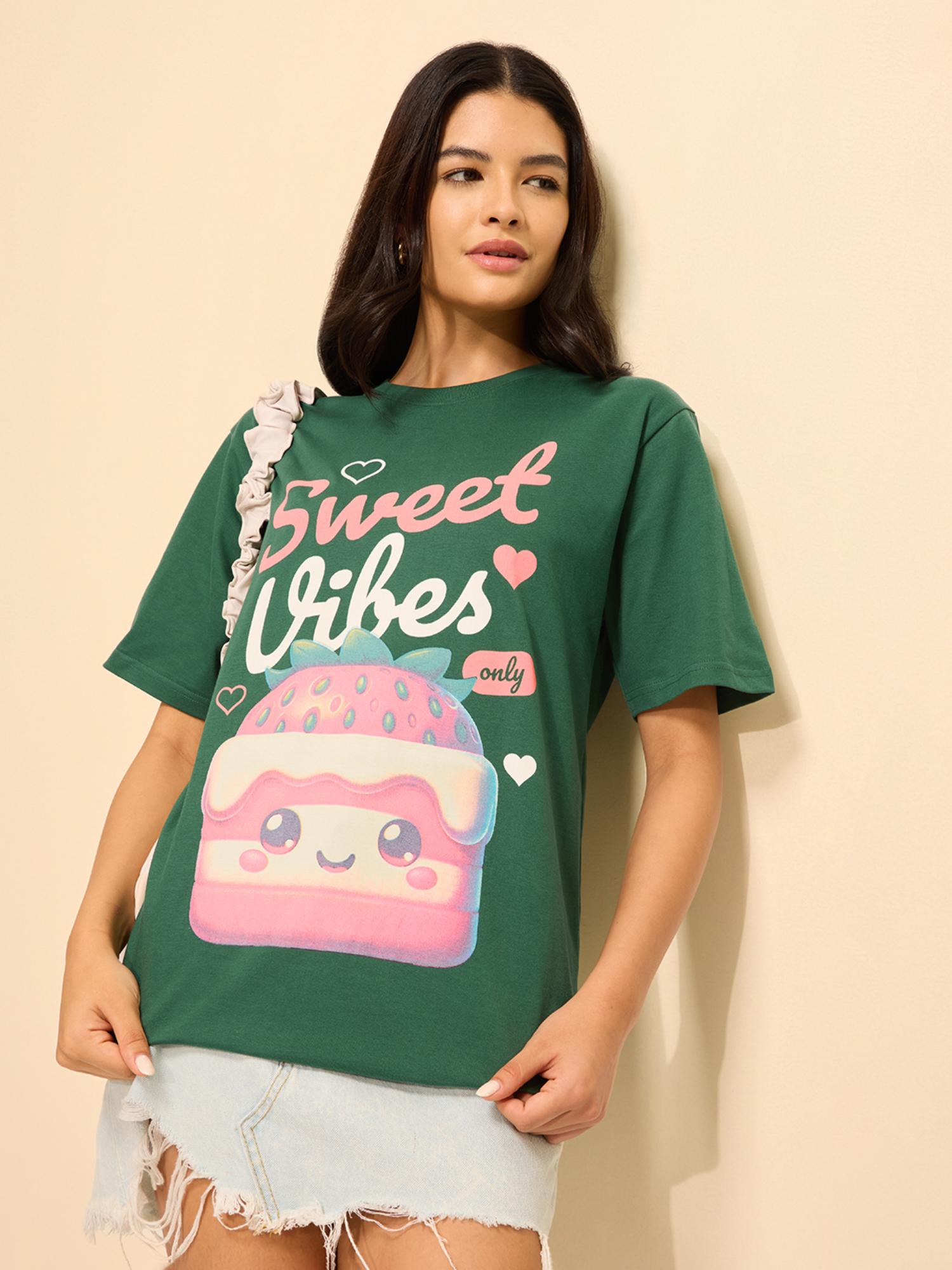Green Cotton Half Sleeves Oversized Fit Round Neck Printed T-shirt-picture-21