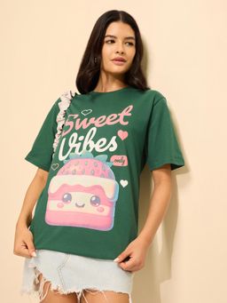 Difference of Opinion - Green Cotton Half Sleeves Oversized Fit Round Neck Printed T-shirt