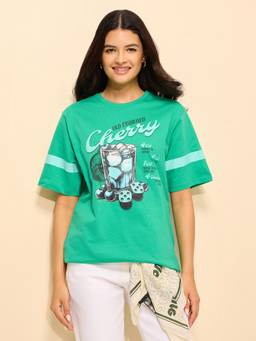 Difference of Opinion - Green Cotton Half Sleeves Oversized Fit Round Neck Printed T-shirt