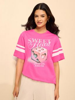 Difference of Opinion - Pink Cotton Half Sleeves Oversized Fit Round Neck Printed T-shirt