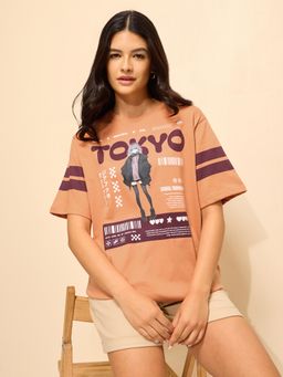 Difference of Opinion - Peach Cotton Half Sleeves Oversized Fit Round Neck Printed T-shirt