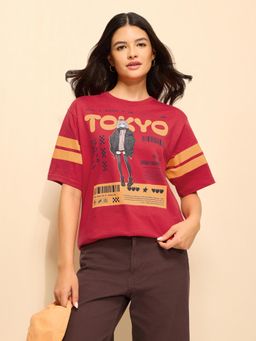 Difference of Opinion - Red Cotton Half Sleeves Oversized Fit Round Neck Printed T-shirt