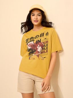 Difference of Opinion - Yellow Cotton Half Sleeves Oversized Fit Round Neck Printed T-shirt