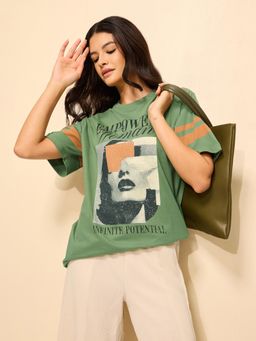 Difference of Opinion - Green Cotton Half Sleeves Oversized Fit Round Neck Printed T-shirt