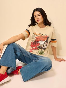 Difference of Opinion - Beige Cotton Half Sleeves Oversized Fit Round Neck Printed T-shirt