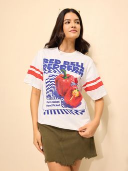 Difference of Opinion - White Cotton Half Sleeves Oversized Fit Round Neck Printed T-shirt