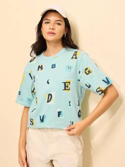 Difference of Opinion - Turquoise Cotton Half Sleeves Oversized Fit Round Neck Printed T-shirt