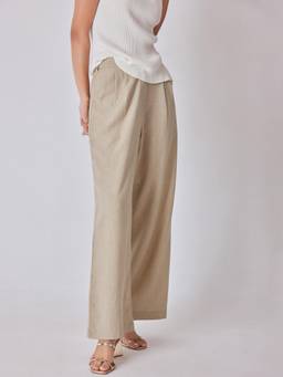 The Label Life - Beige Cotton Straight Leg Solid Casual Trouser