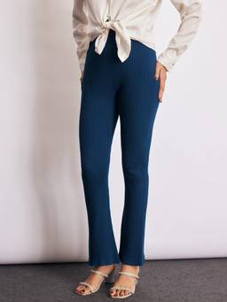 The Label Life - Blue Cotton Straight Leg Textured Casual Trouser