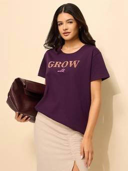 DILLINGER - Wine Cotton Half Sleeves Boxy Fit Round Neck Typography T-shirt
