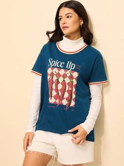 DILLINGER - Blue Cotton Half Sleeves Boxy Fit Round Neck Printed T-shirt