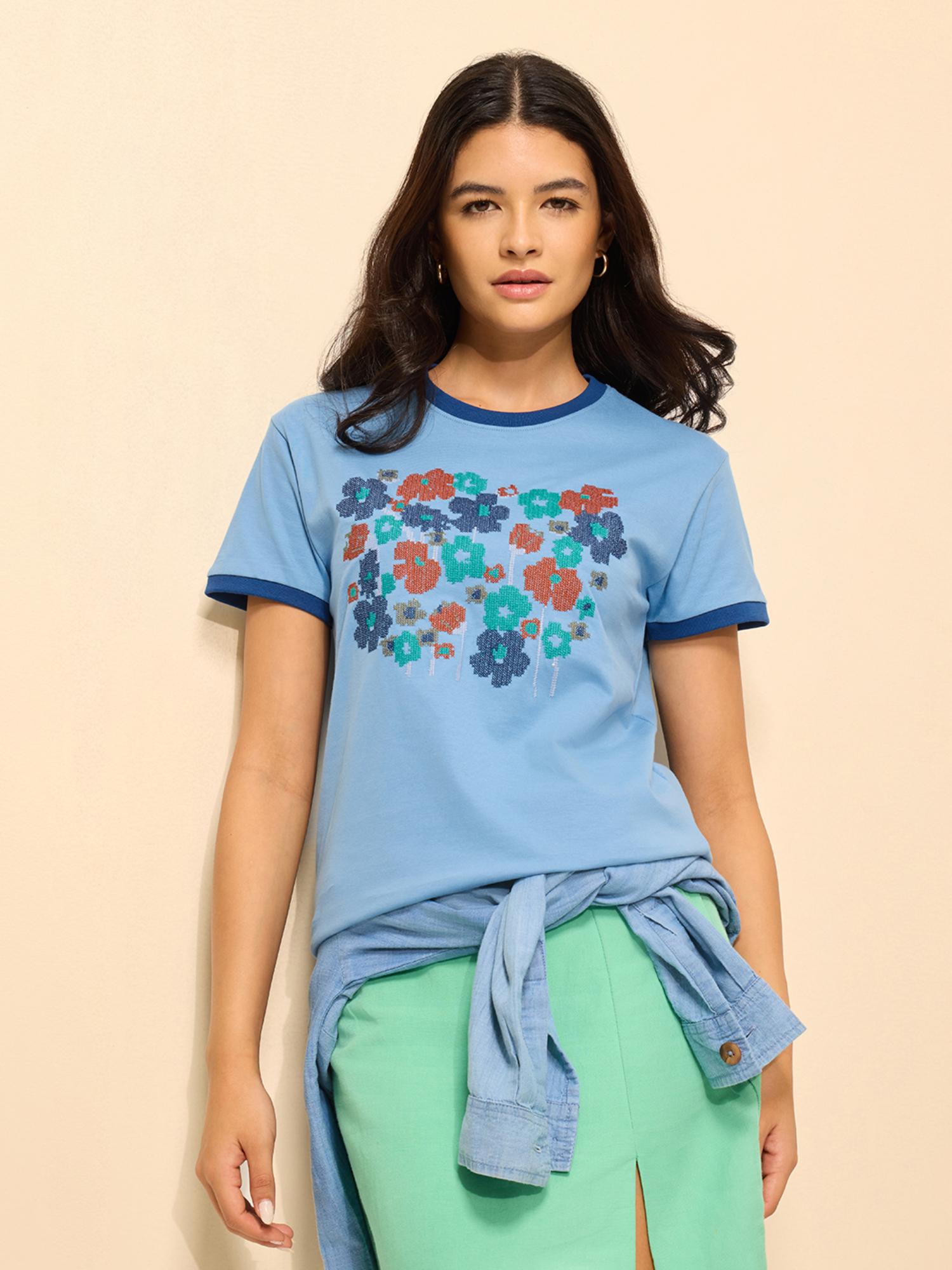 dillinger Blue Cotton Half Sleeves Regular Fit Round Neck Embroidered T-shirt-picture-23